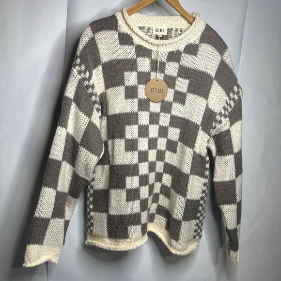 NWT Bibi Mixed Checkered Chunky Knitted Sweater Comfy Mocha Brown Beige Womens - Picture 3 of 8